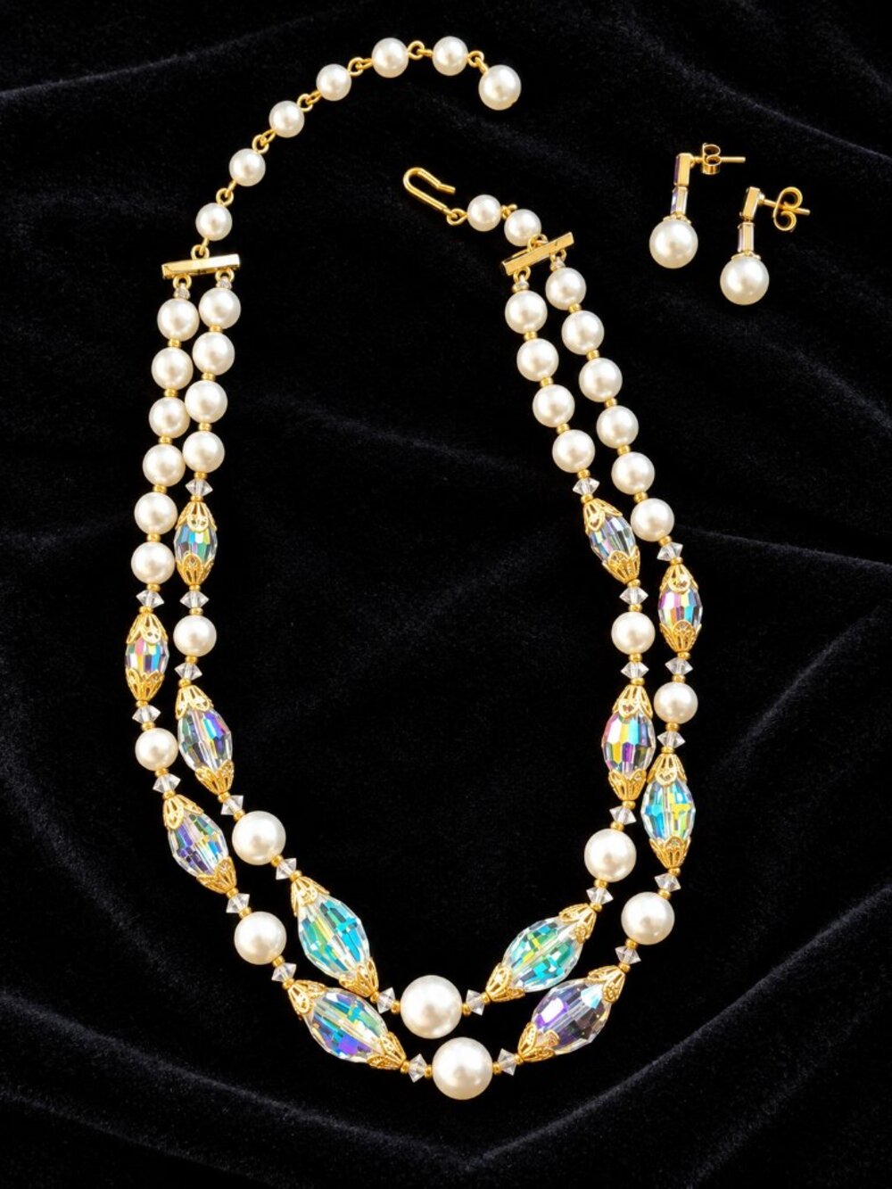 Vintage Aurora Borealis Crystal Faux Pearl Double Strand Necklace & Earrings Set